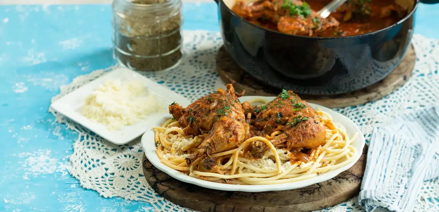 Corfiot Pastitsada meat stew on sunday table