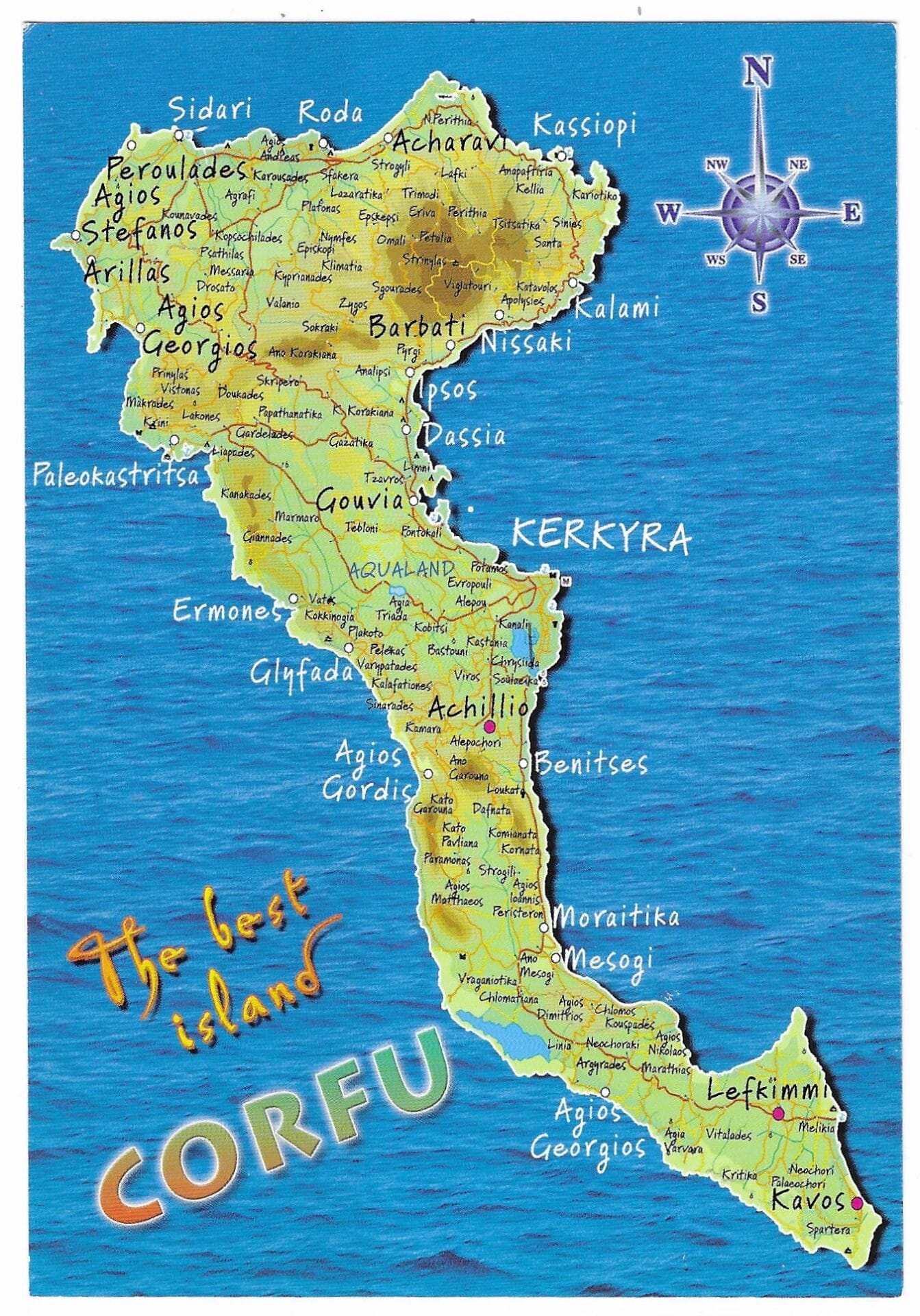 A postcard featuring a map of Corfu, Greece, with various towns and locations labeled. The island is depicted in a light green color against a blue background, resembling the sea. A compass rose is visible at the top right, and the words 'The best island CORFU' are written in a playful font at the bottom left. The postcard has a black border.