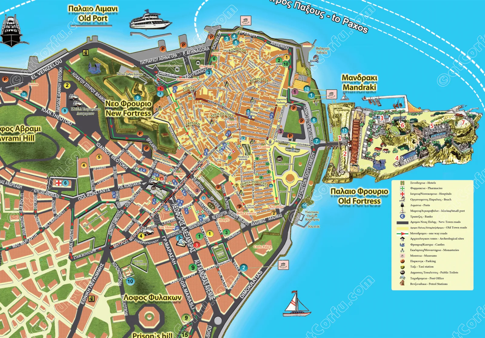 An illustrated map of Corfu Town, Greece, showing streets, landmarks, and points of interest. The map features icons representing various locations, such as the Old Fortress, New Fortress, Old Port, and Mandraki. Text labels in Greek and English identify the sites. The map also includes a compass rose and a legend explaining the icons. The image is colorful and detailed, providing a tourist-friendly guide to the town. The location is Peristeri, Decentralized Administration of Attica, Greece.